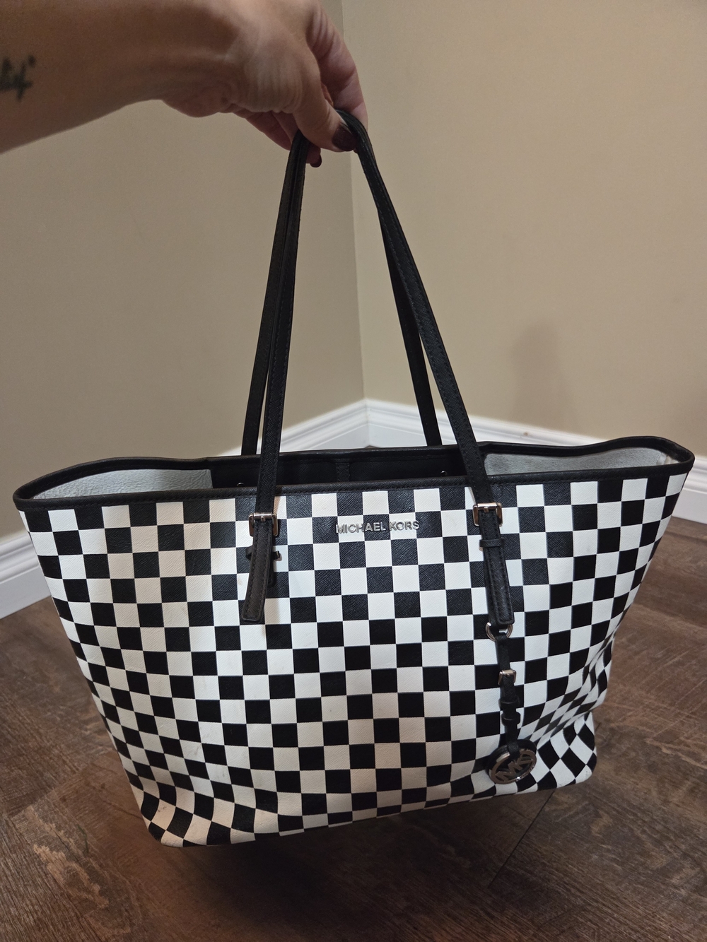 Michael Kors Black and White Checkered Tote with Logo Charm